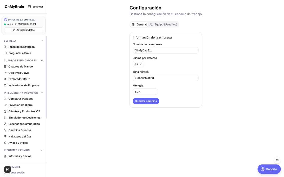 Pantalla de Configuración con datos de la empresa, idioma, zona horaria y moneda